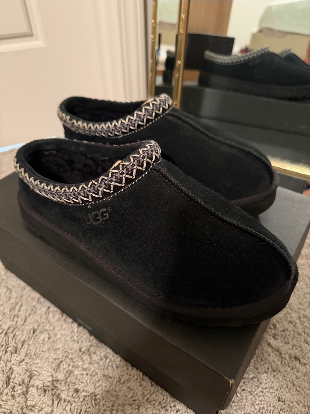 UGG For Men Black Suede Slip-On Mule Slippers with Woven Trim